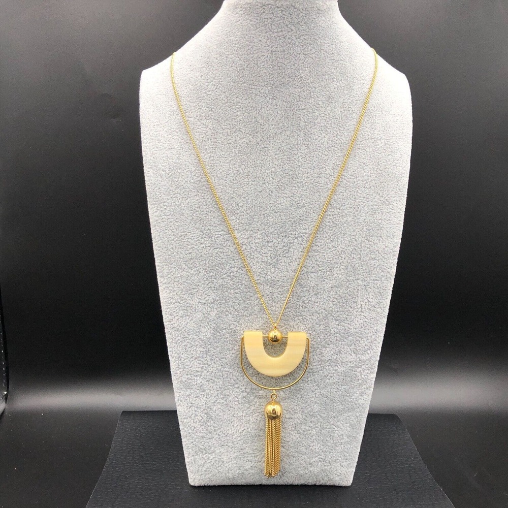 J Crew Pendant Necklace‎ Bead & Tassel Lucite Gold Tone Fringe Long Modern Chain - Picture 5 of 8